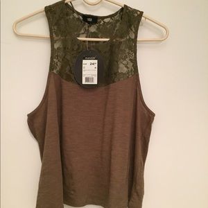 NWT Manor Sexy Stylish Lace & Cotton cropped Tank Top blouse Olive green Khaki M